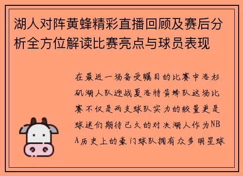 湖人对阵黄蜂精彩直播回顾及赛后分析全方位解读比赛亮点与球员表现